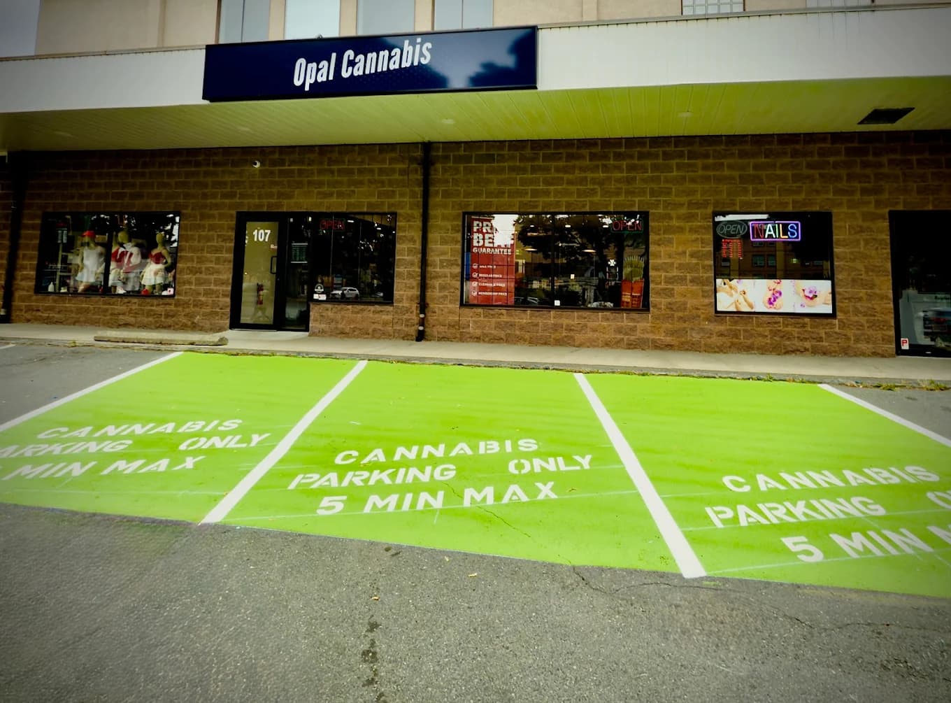 Opal Cannabis storefront on Goldstream Avenue with dedicated cannabis parking